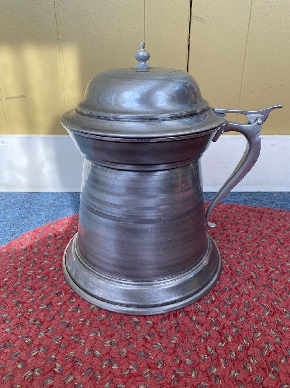 Giant vintage pewter insulated tankard with flip top lid and plastic insert